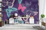 Butterfly wall mural featuring teal, pink, and purple butterfly designs on a textured dark purple background, perfect for adding elegance to bedrooms or creative spaces.