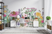 Wildflower Haven Wall Mural – Hand-Illustrated Floral Wallpaper with Vibrant Blooms and Bees