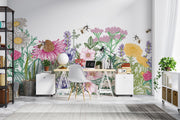 Wildflower Haven Wall Mural – Hand-Illustrated Floral Wallpaper with Vibrant Blooms and Bees