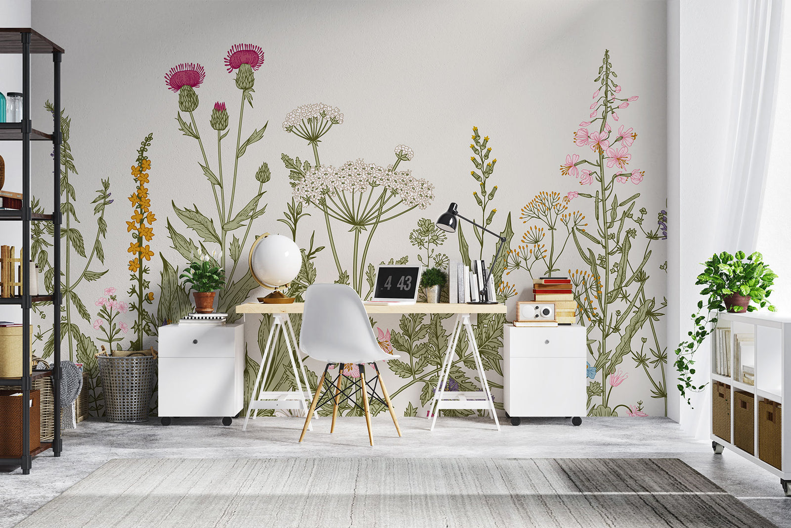 Meadow Bloom Wall Mural featuring delicate wildflowers and lush greenery on a soft-toned background.