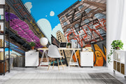Urban cityscape wall mural with graffiti, comic-style illustration of skyscrapers and underpass, modern street art wallpaper for bedroom or living room decor.