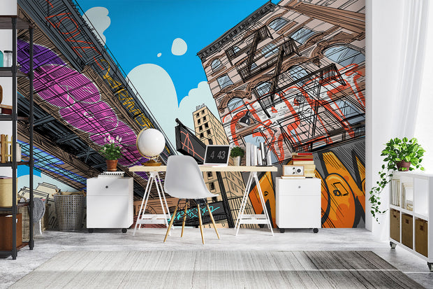 Urban cityscape wall mural with graffiti, comic-style illustration of skyscrapers and underpass, modern street art wallpaper for bedroom or living room decor.