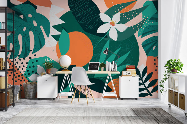 Modern office space with a colorful abstract wall mural featuring leaves and flowers.