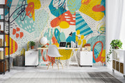 Abstract doodle wall mural with vibrant colors, bold shapes, and expressive line work, creating a dynamic and artistic room atmosphere.