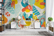 Abstract doodle wall mural with vibrant colors, bold shapes, and expressive line work, creating a dynamic and artistic room atmosphere.