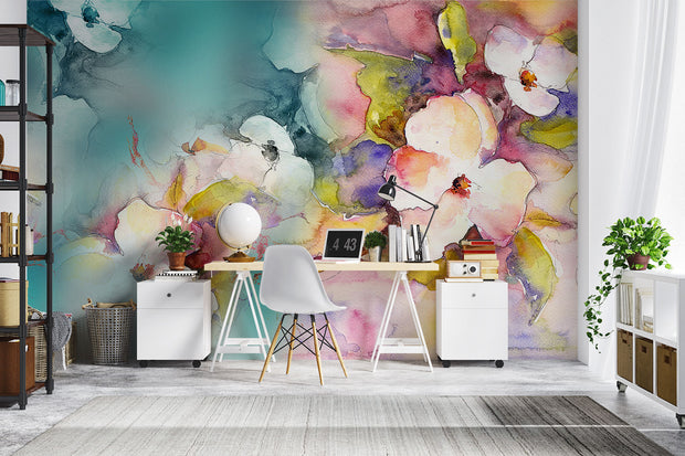 Watercolor blossom wall mural featuring hand-painted flowers in soft pastel and vibrant hues, creating a dreamy and elegant home décor statement.