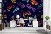 Modern office space with a vibrant game-themed wallpaper in the background.