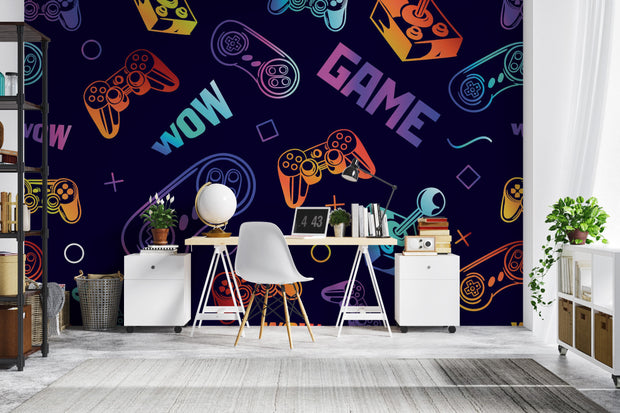 Modern office space with a vibrant game-themed wallpaper in the background.