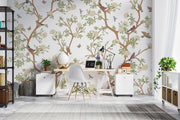 Nature-inspired floral and bird wall mural featuring blooming flowers, branches, birds, and butterflies in a living room setting.