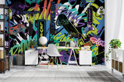 Colorful gaming-themed wall mural in a room with furniture.