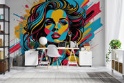 Pop art graffiti mural of a woman, bold and colorful street art wallpaper, vibrant urban wall decor for modern interiors.