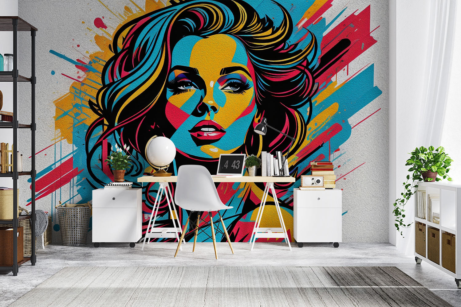 Pop art graffiti mural of a woman, bold and colorful street art wallpaper, vibrant urban wall decor for modern interiors.
