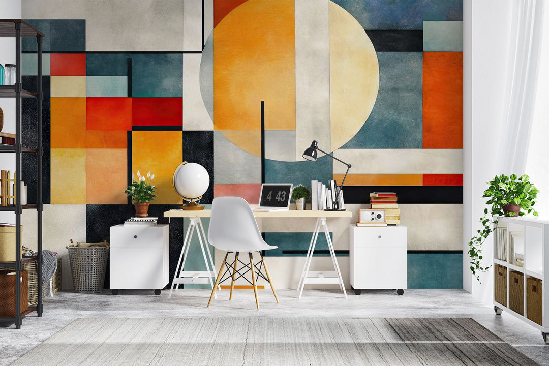 Abstract Architecture Wall Mural with colorful geometric shapes decorating a home office.