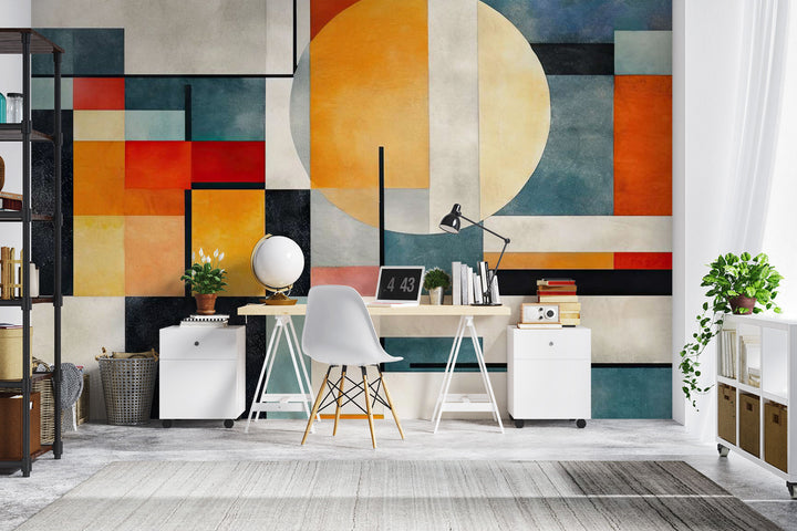 Abstract Architecture Wall Mural with colorful geometric shapes decorating a home office.
