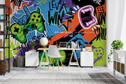 Graffiti-style gaming wall mural featuring bold graphics, colorful game controllers, energetic text like "Level Win" and "Fun," perfect for a modern game room.