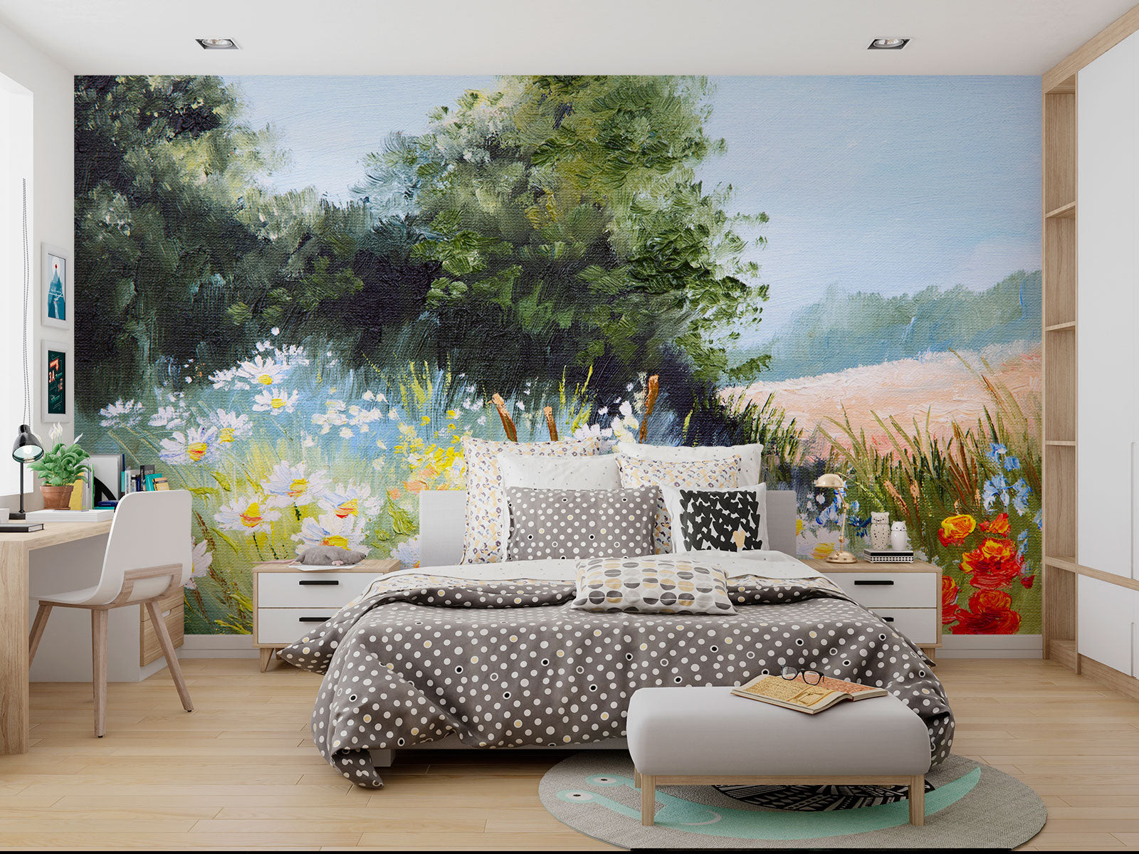 Hand-painted wall mural featuring a summer meadow with wildflowers, daisies, tall grass, and a soft blue sky, creating a peaceful countryside scene.