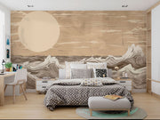 Minimalist ocean waves wall mural in beige and brown tones, featuring stylized waves and a large sun, perfect for modern and coastal-inspired bedroom decor.