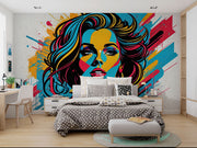 Pop art graffiti mural of a woman, bold and colorful street art wallpaper, vibrant urban wall decor for modern interiors.
