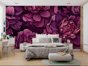Bold Burgundy Peony Wall Mural – Luxurious Oversized Floral Wallpaper with Deep Plum, Purple, and Dark Background for Elegant Interiors.