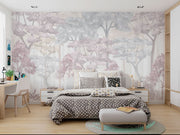 Soft Watercolor Forest Wall Mural with pastel trees in muted tones, creating a serene and dreamy natural atmosphere.