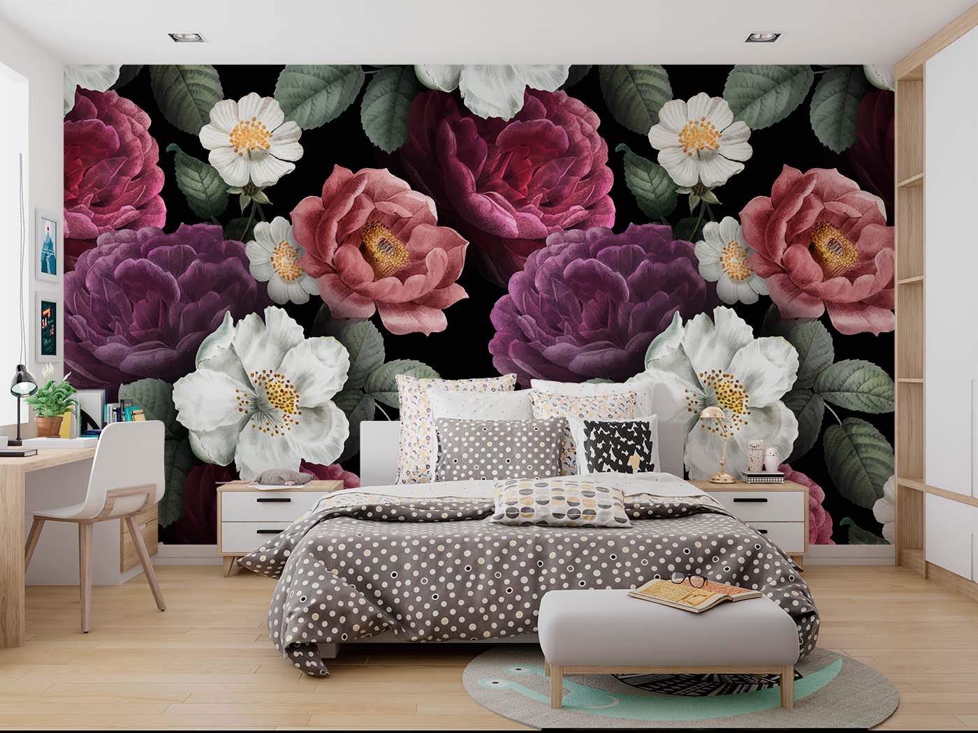 Dark Floral Wall Mural – Vintage Peony & Rose Wallpaper with Dramatic Black Background for Elegant and Luxurious Interiors.