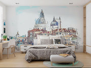 Venetian Daydream watercolor wall mural of Venice with dome architecture and canal, styled in bedroom.