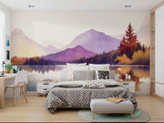 Watercolor mountain lake wall mural with warm autumn hues, reflecting trees, and serene nature-inspired scenery.