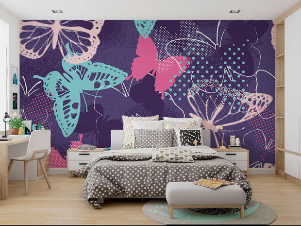 Butterfly wall mural featuring teal, pink, and purple butterfly designs on a textured dark purple background, perfect for adding elegance to bedrooms or creative spaces.