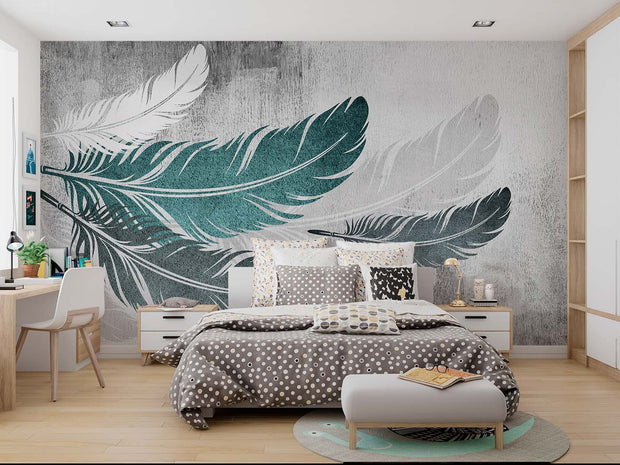 Ethereal Feather Wall Mural – Modern Boho Wallpaper with Floating Teal & White Feathers on a Textured Concrete-Style Background.