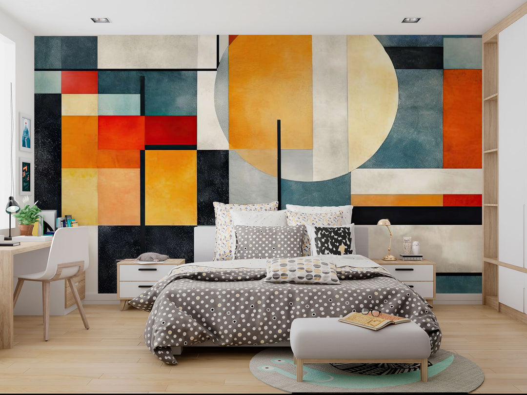 Abstract Architecture Wall Mural with colorful geometric shapes decorating a bedroom.