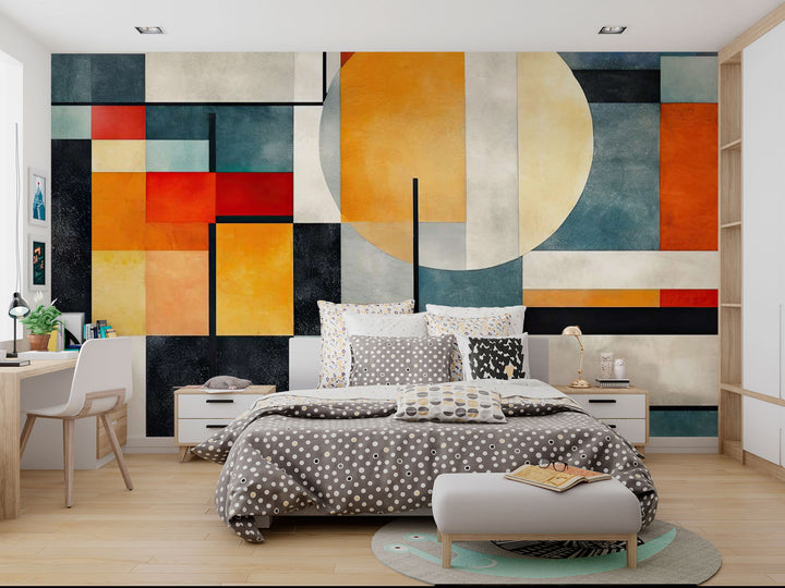 Abstract Architecture Wall Mural with colorful geometric shapes decorating a bedroom.