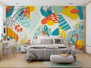 Abstract doodle wall mural with vibrant colors, bold shapes, and expressive line work, creating a dynamic and artistic room atmosphere.