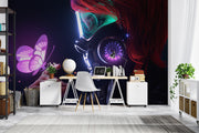 Modern office space with a large wall mural of a futuristic helmet and butterfly.
