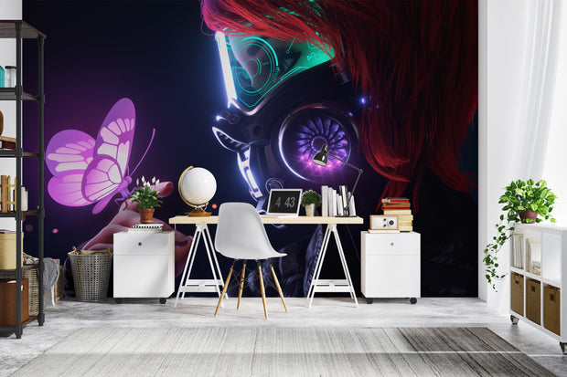 Modern office space with a large wall mural of a futuristic helmet and butterfly.