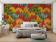 Vibrant Forest Wall Mural featuring colorful abstract trees in red, orange, green, and blue tones, ideal for modern and artistic interiors.