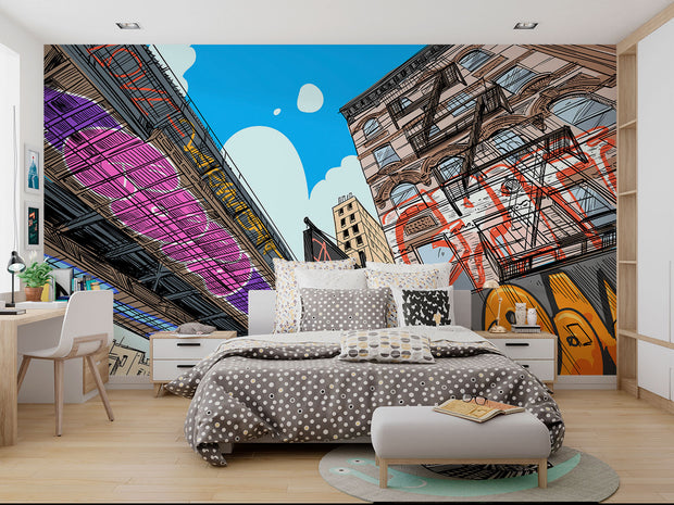 Urban cityscape wall mural with graffiti, comic-style illustration of skyscrapers and underpass, modern street art wallpaper for bedroom or living room decor.