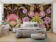 Opulent bloom wall mural with intricate lilac, peach, and green flowers on a dark background in a modern bedroom.