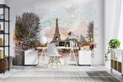 Watercolor Paris mural featuring the Eiffel Tower with pastel skies and ink sketch trees in a home office setting.