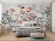 Botanical wall mural with colorful wildflowers in pastel and earthy tones, creating a fresh and inviting atmosphere.
