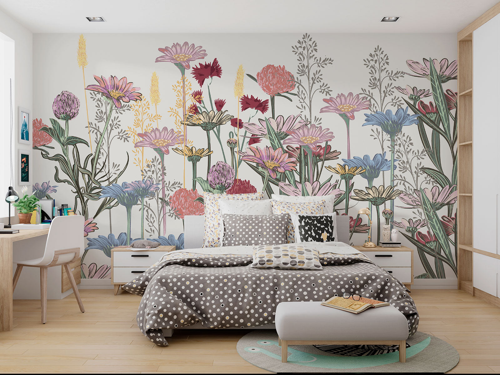 Botanical wall mural with colorful wildflowers in pastel and earthy tones, creating a fresh and inviting atmosphere.