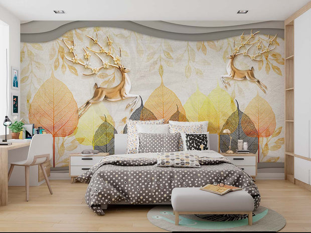 Golden Deer & Autumn Leaves Wall Mural – Elegant Nature-Inspired Wallpaper with Floral Antler Deer and Warm Autumn Hues for Luxury Interiors.
