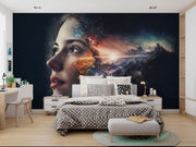 Cosmic Vision Wall Mural – Surreal Galaxy Wallpaper Featuring a Female Face Blending with a Nebula, Stardust, and Cosmic Light for Dreamy & Futuristic Interiors.