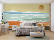 Minimalist abstract beach wall mural with pastel ocean waves, warm sand tones, and a contemporary artistic design – perfect for modern interiors.