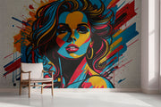 Pop art graffiti mural of a woman, bold and colorful street art wallpaper, vibrant urban wall decor for modern interiors.
