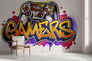 Graffiti-style gaming wall mural with a colorful controller, vibrant gamer room wallpaper for gaming setups and streamers.