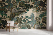 Detailed view of Chinoiserie mural showcasing hand-illustrated trees, pavilions, and serene water features in soft jade, taupe, and ivory tones; decorating a living room.