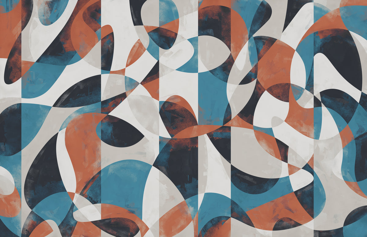 Abstract geometric pattern artwork featuring organic flowing shapes in terracotta orange, slate blue, charcoal gray, and off-white.