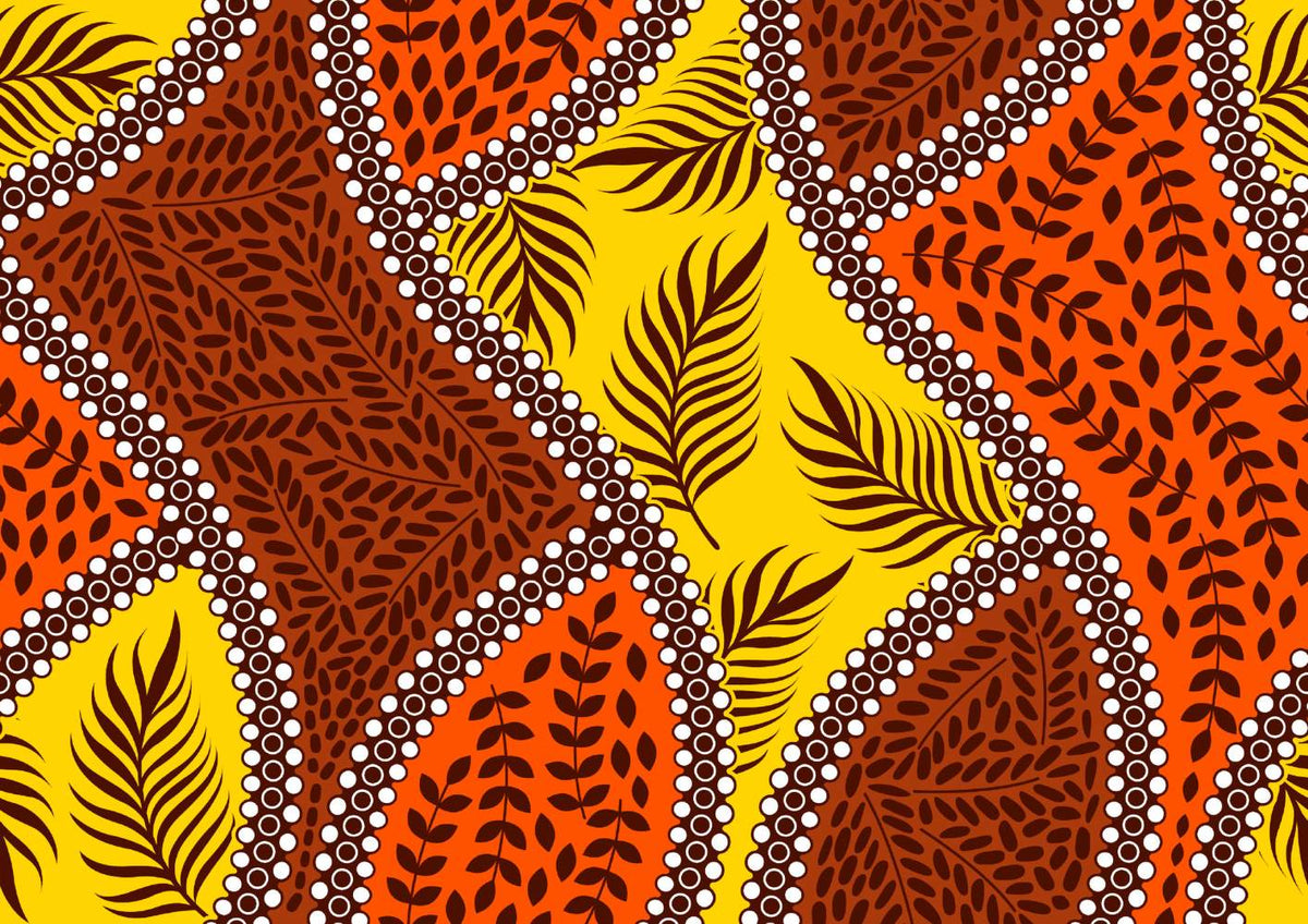 Bold tropical wall mural with vibrant orange, yellow, and brown leaf patterns, accented with white dots, perfect for boho and eclectic interior decor.