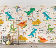 Vibrant dinosaur-themed wall mural with playful dinosaurs riding scooters, skateboards and bikes; decorating a bright and cheerful kid's playroom.
