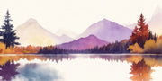 Watercolor mountain lake wall mural with warm autumn hues, reflecting trees, and serene nature-inspired scenery.
